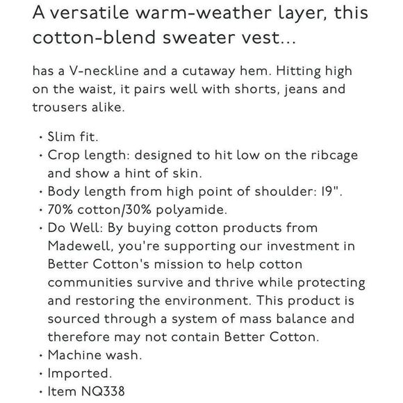 MADEWELL Cutaway Sweater Vest Women Small Black Button Up NEW Cotton Blend NQ338 - Picture 11 of 11